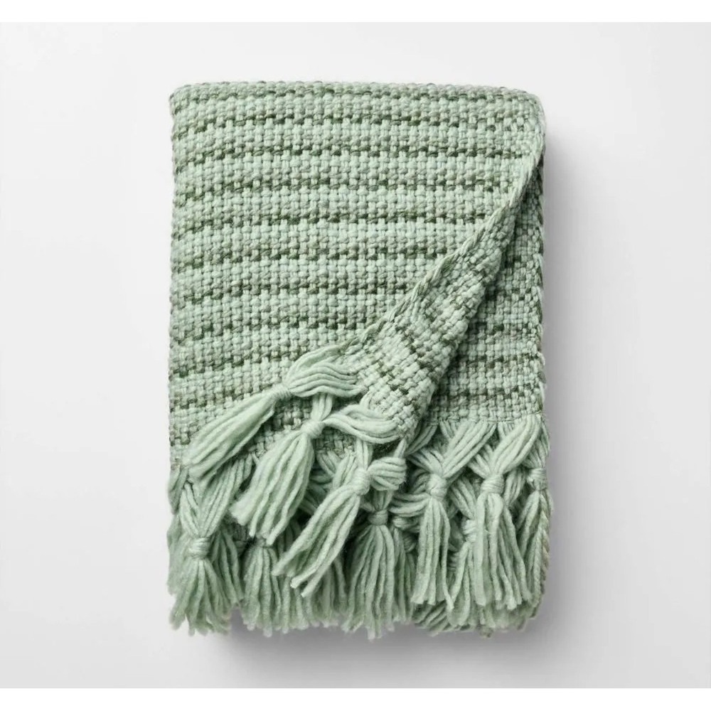 Threshold Studio McGee Throw‎ Blanket 50x60 Green Woven Tassel NWT